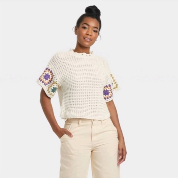 Universal Thread Short Sleeve Crewneck Crochet Pullover Sweater Size S - Picture 1 of 8